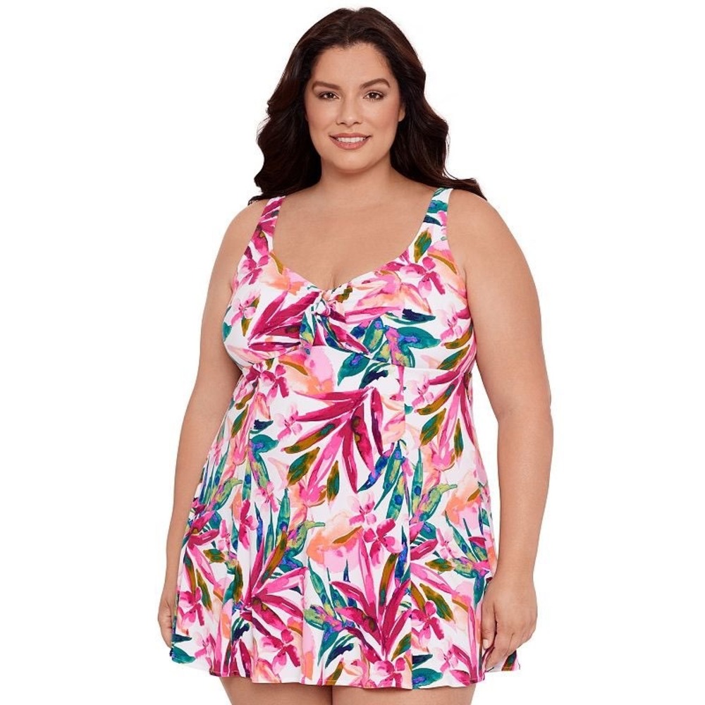 Bal Harbour Floral Bow Front One-Piece Swim Dress Plus Size 20 Pink Tropical